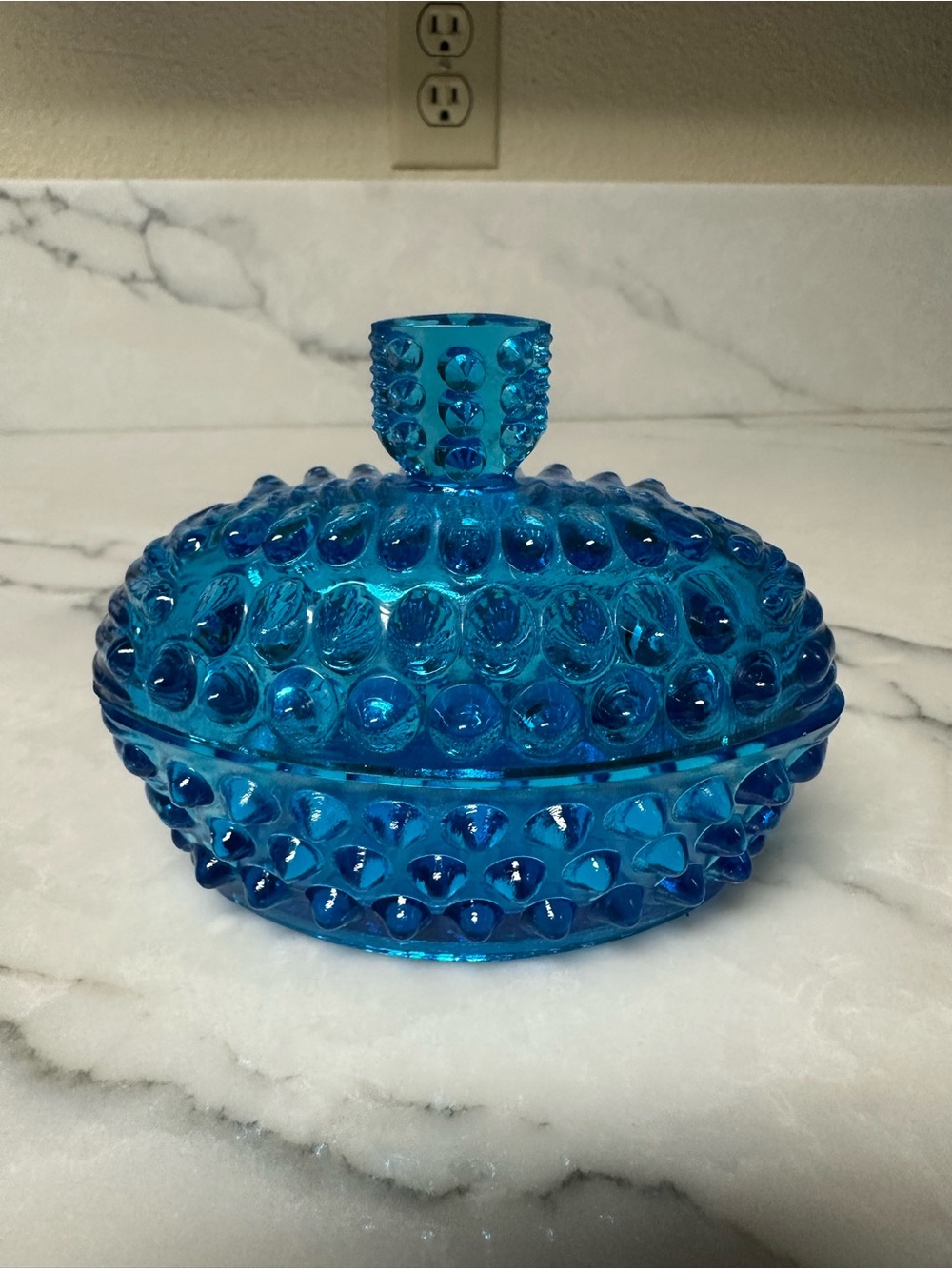 vintage blue hobnail glass covered candy dish